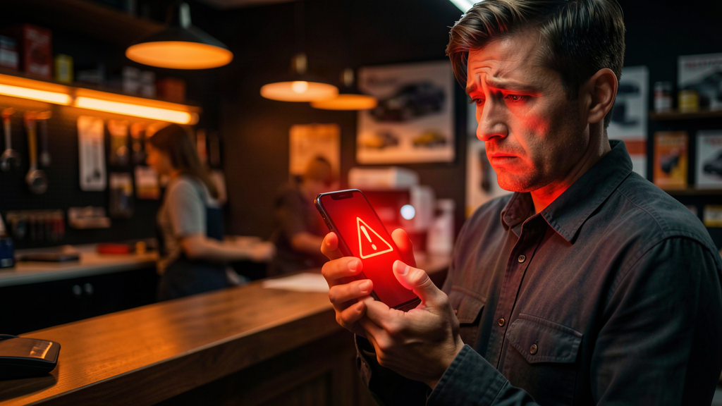 Lojista preocupado segurando celular com alerta de número banido no WhatsApp