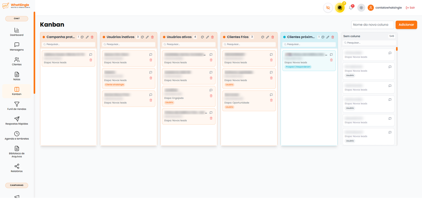 Quadro Kanban organizando clientes do WhatsApp por etapa