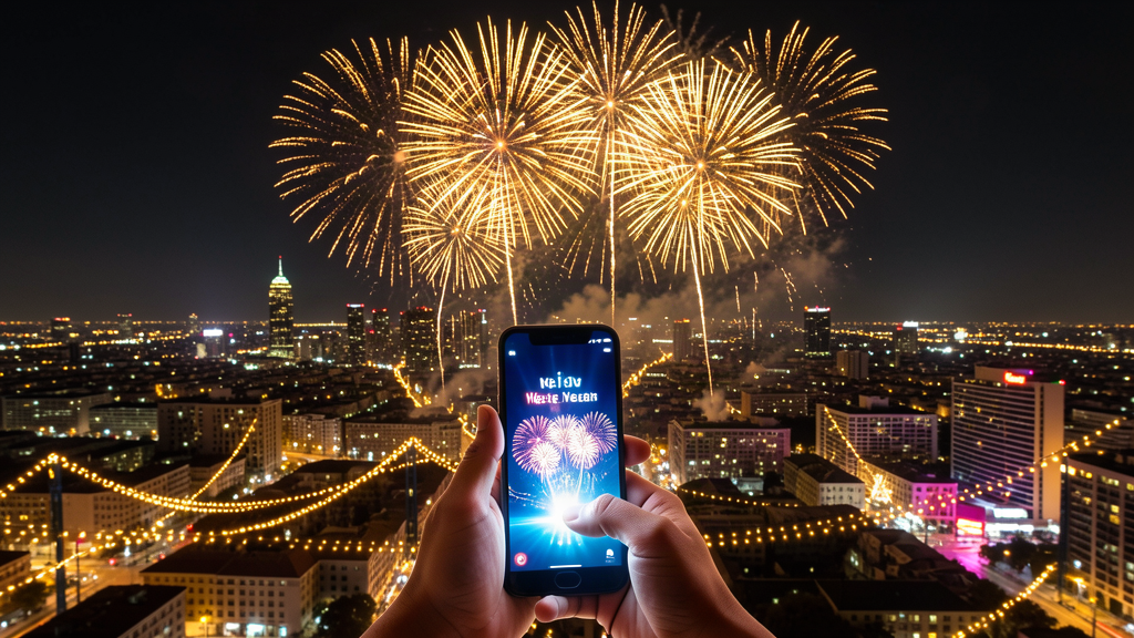 Mensagem de ano novo para clientes no WhatsApp com fogos de virada