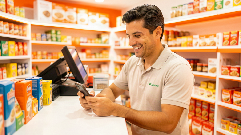 Lojista sorrindo enviando mensagem de apresentação no WhatsApp