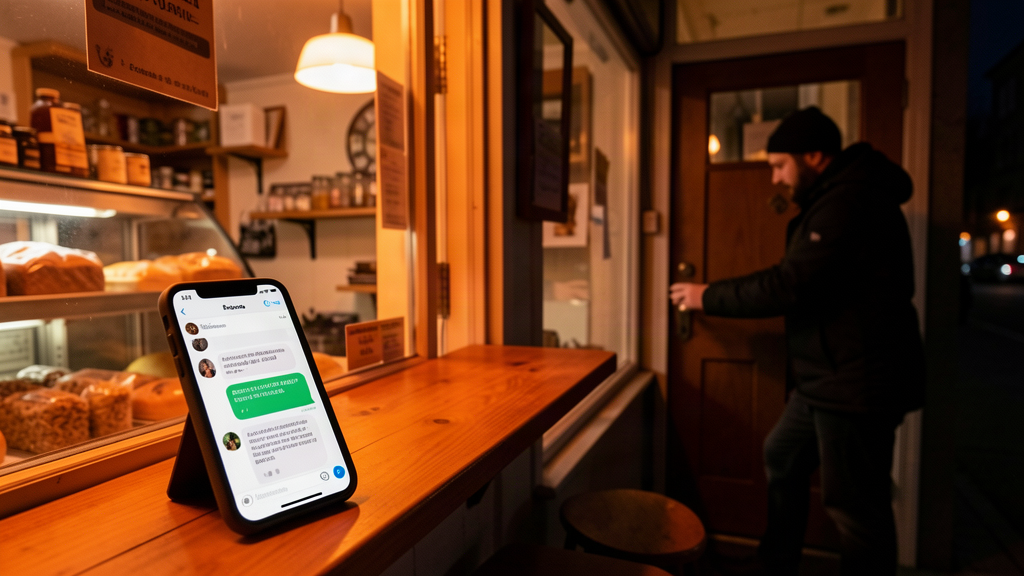 Resposta automática fora do horário comercial no WhatsApp em celular sobre o balcão